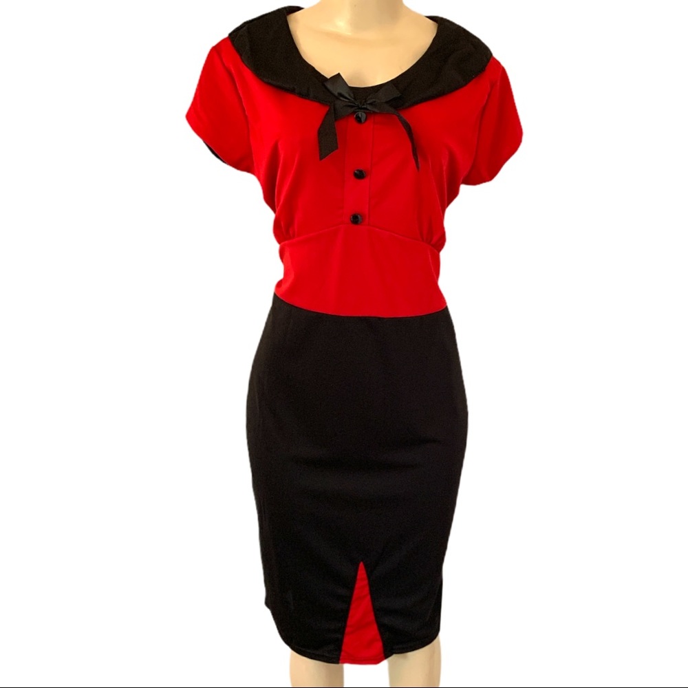 Chic Red and Black Midi Dress with Bow Collar